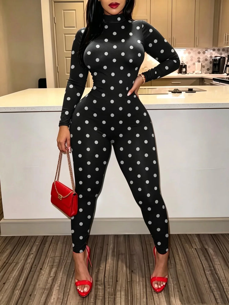 Sexy Women Polka Dot Bodycon Jumpsuit High Neck Long Sleeve Slim Fit One Piece Y2K Clubwear Party Outfit