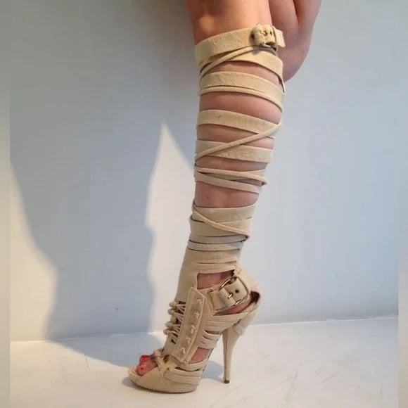 Lady New Strappy Platform Sandals Fashion Solid Hollow Out Peep Toe Tassel Stiletto Heels Sandals Woman Sexy Dress Shoes 44