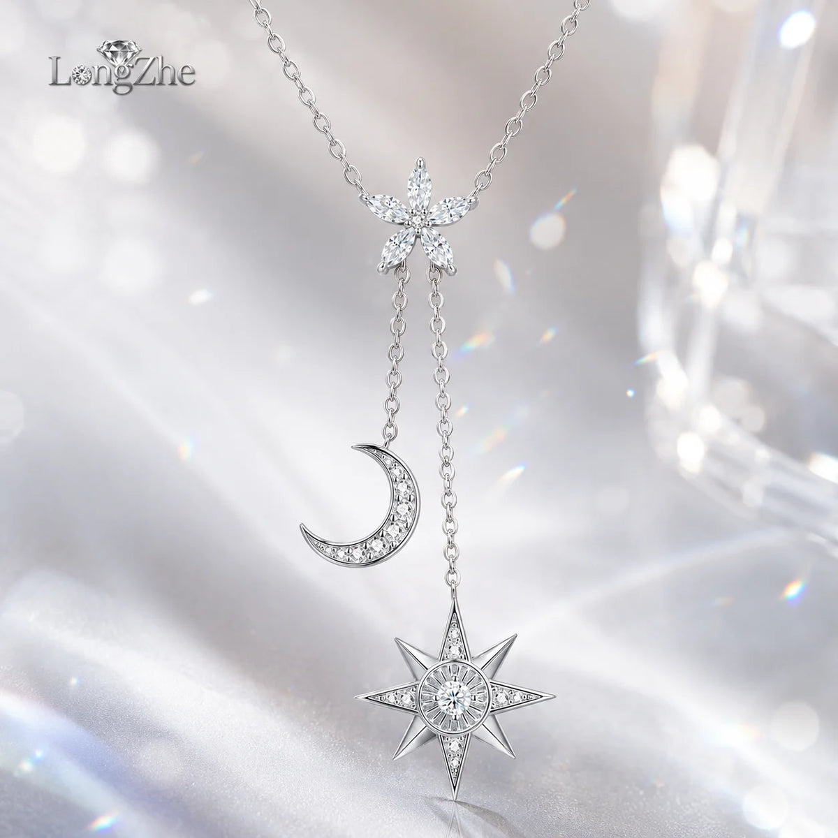 Moissanite Celestial Necklace for Women S925 Sterling Silver Star Moon Y Drop Lariat D Color VVS1 GRA Certified Fine Jewelry