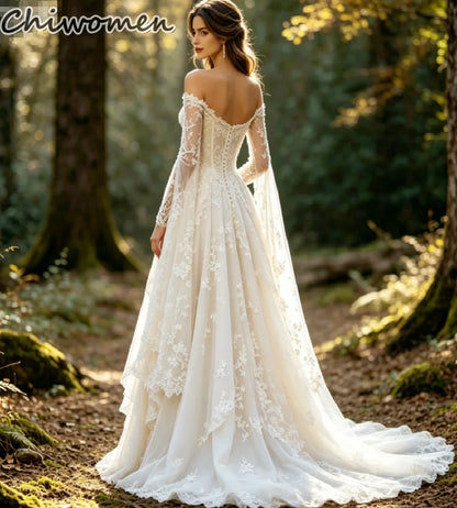 Boho Fairy Forest Wedding Dress Off The Shoulder Cape Sleeves Lace Forest Woodland Elopement Bride Dresses Medieval Country