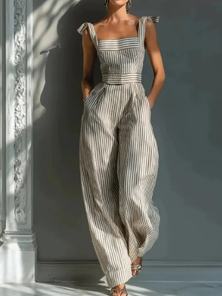 Holiday Women's Spaghetti Strap Backless Jumpsuits Summer Sleeveless Striped Patchwork Wide Leg Pants Playsuits Streetwear 2026