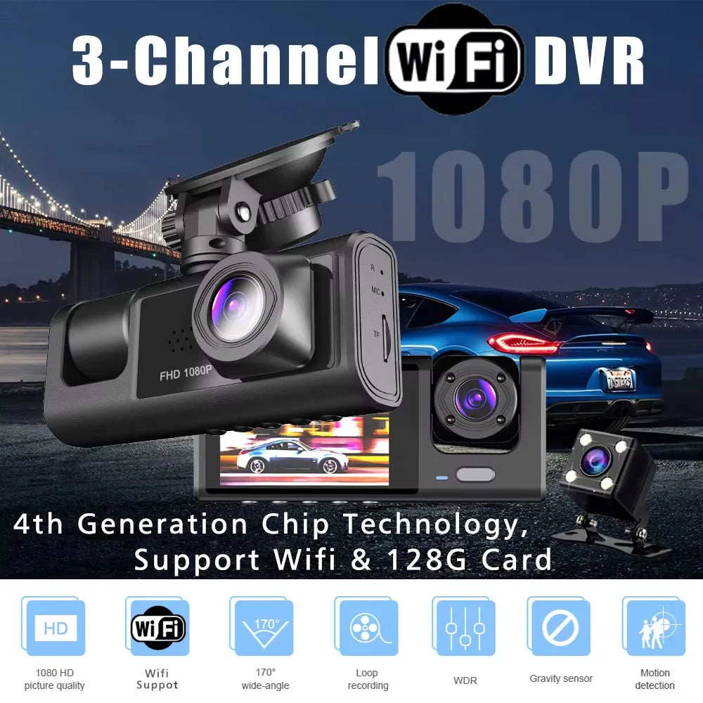 WiFi 3 Channel Car DVR Three Way Dash Cam Inside Vehicle Camera DVRs Recorder FHD 1080P Video Mini Registrator Dashcam Camcord