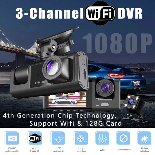 WiFi 3 Channel Car DVR Three Way Dash Cam Inside Vehicle Camera DVRs Recorder FHD 1080P Video Mini Registrator Dashcam Camcord