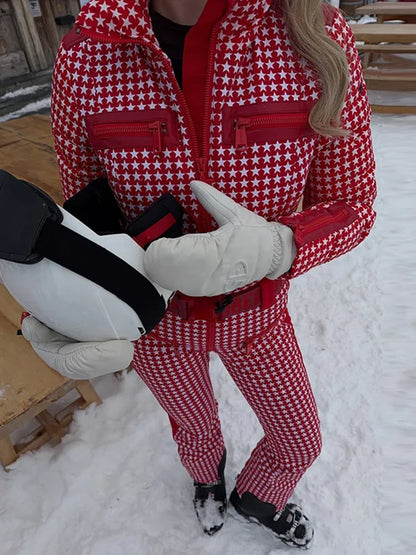 Thicken Print Cotton Jumpsuits Women High Neck Long Sleeves Zipper Belts Warm Ski Wears Female 2026 Winter New Chic Ski Jumpsuit