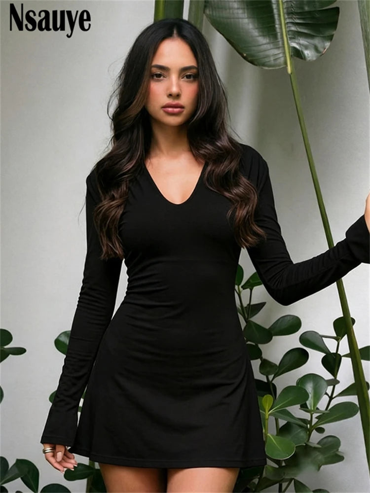 Nsauye Women's Casual Long Sleeve V Neck Slim Dress Women Clothing Elegant Shoulder Pads Short Dresses Vestidos