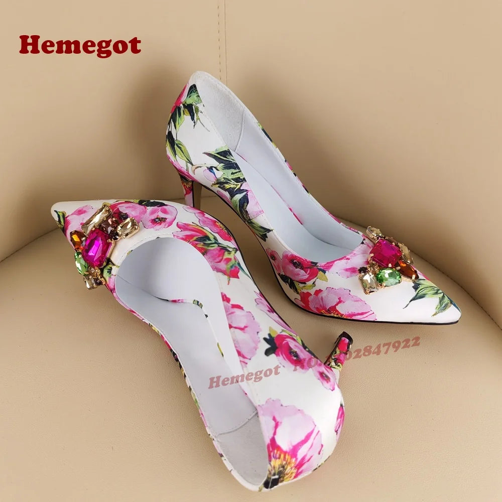 Print Flower Gemstone Pumps Pointy Toe Stiletto Heels Shallow Women's Pumps Colorful Crystals Sexy Elegant Shoes 2025 New Luxury