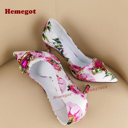 Print Flower Gemstone Pumps Pointy Toe Stiletto Heels Shallow Women's Pumps Colorful Crystals Sexy Elegant Shoes 2025 New Luxury