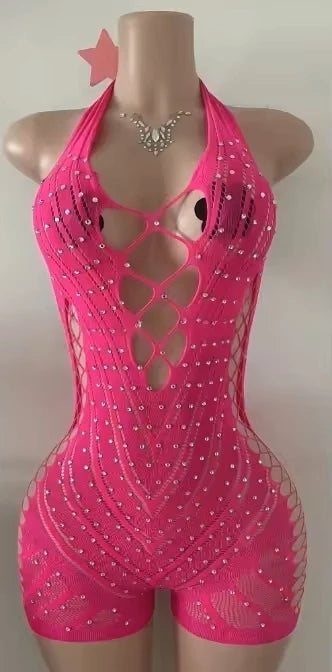 FAGADOER Sexy Hollow-out Rhinestone Patchwork Bodycon Rompers Woman Halter Sleeveless Backless Jumpsuits Female Party Clubwear