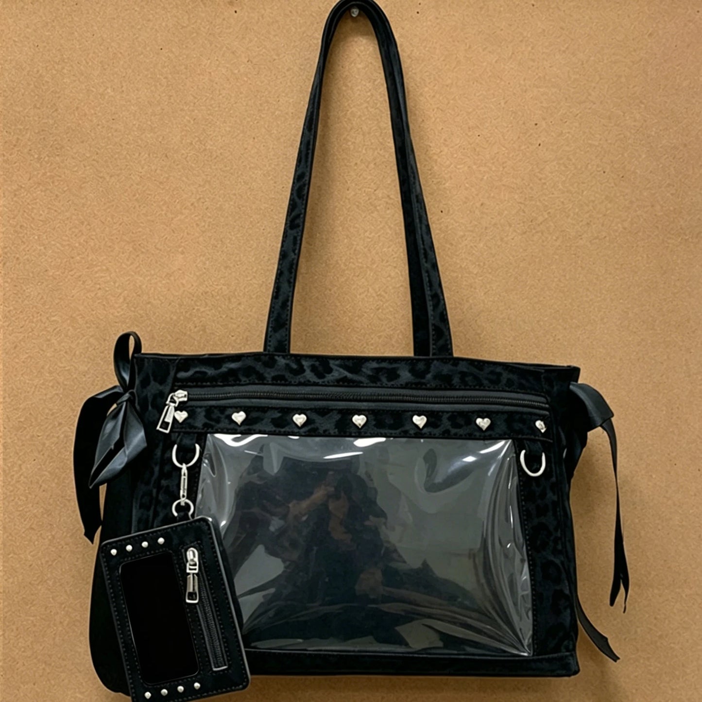 Women PU Leather Leopard Pattern Shoulder Bag with Ita Card Purse Pin Display Ribbon Ita Bags Daily Shopping Dating Shoulder Bag