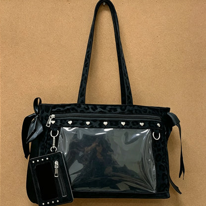 Women PU Leather Leopard Pattern Shoulder Bag with Ita Card Purse Pin Display Ribbon Ita Bags Daily Shopping Dating Shoulder Bag