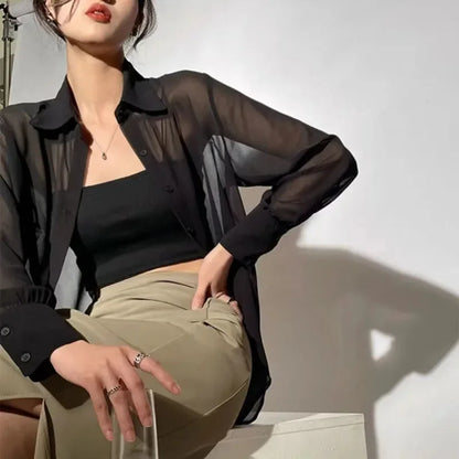 SMVP Chiffon Blouse for Women 2025 New Summer Sheer Mesh Long Sleeve Sun Protection Shirts Korean Fashion Office Lady Shirt Tops