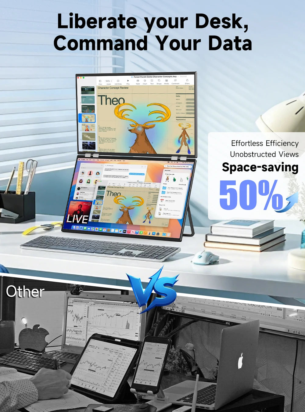 UPERFECT Delta Mega 23.8 Inch 100Hz Dual Screen Stacked Computer Display 1080P 360° Folding Triple Extender Monitor with Speaker