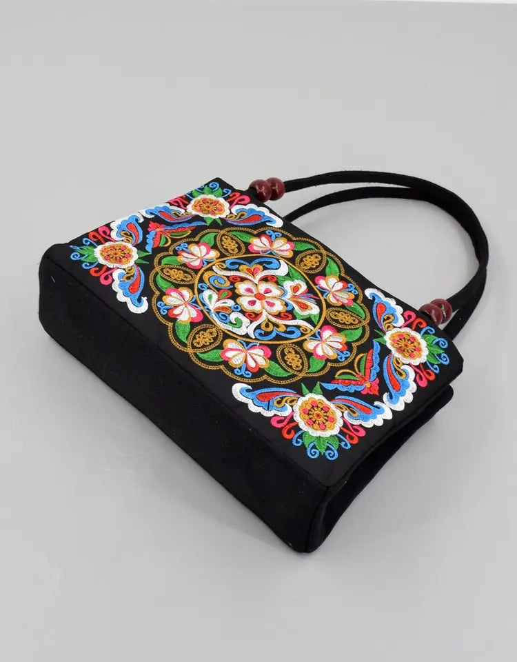 Stylish Floral Embroidered Handbag, Trendy Zipper Canvas Bag, Women's Fashion Purses