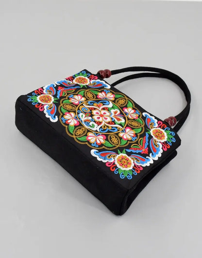 Stylish Floral Embroidered Handbag, Trendy Zipper Canvas Bag, Women's Fashion Purses