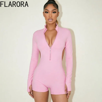 FLARORA Sexy Hollow Out Backless Rompers Woman Trend O-Neck Full Sleeve Zip Skinny Peach Hip Playsuits Midnight Party Clubwear