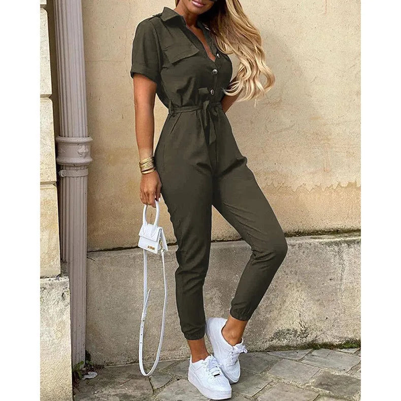 2025 New Women's Jumpsuit Casual Workwear Summer Romper with Print Button-up Lapel Waist Belt Slim Fit One Piece Pants Set Fashi