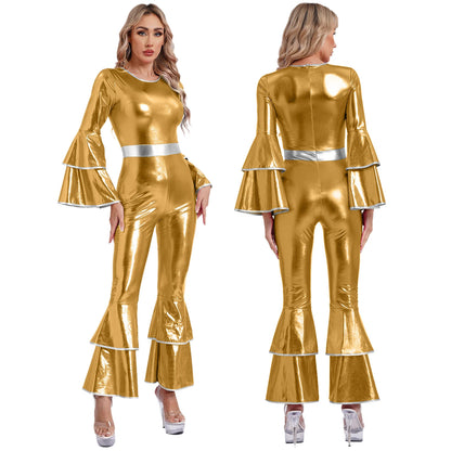 Women Shiny Metallic Jazz Disco Dance Jumpsuit 70s 80s Hippie Costume Sequin Tassels One Shoulder Bell Bottom Bodysuit Rompers