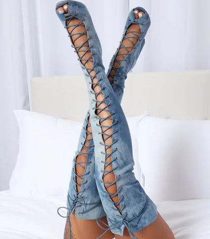 Blue Denim Peep toe Thigh High Boots Bandage Tie Jeans Over The Knee Boots Thin Heels Hollow Women Runway Dress Shoes Size10