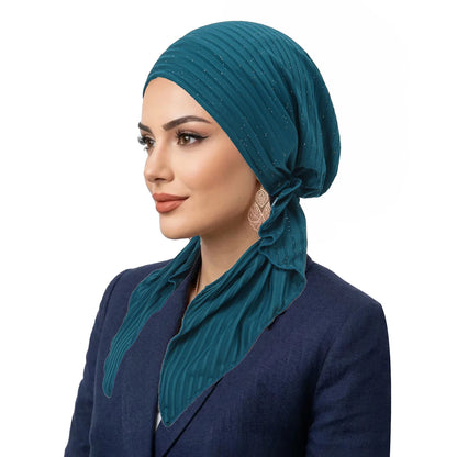 Fashion Stripes Muslim Hijab Turban Hats Long Tail Head Wraps Elastic Hijab Hats Breathable Chemo Cap For Women Girls