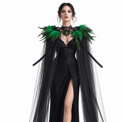 Black Halloween Feather Cloak Elegant Mesh Fringe Hollow Lace Mesh Cape Fur Collar Flowing Festival Costume Cape Gothic Carnival