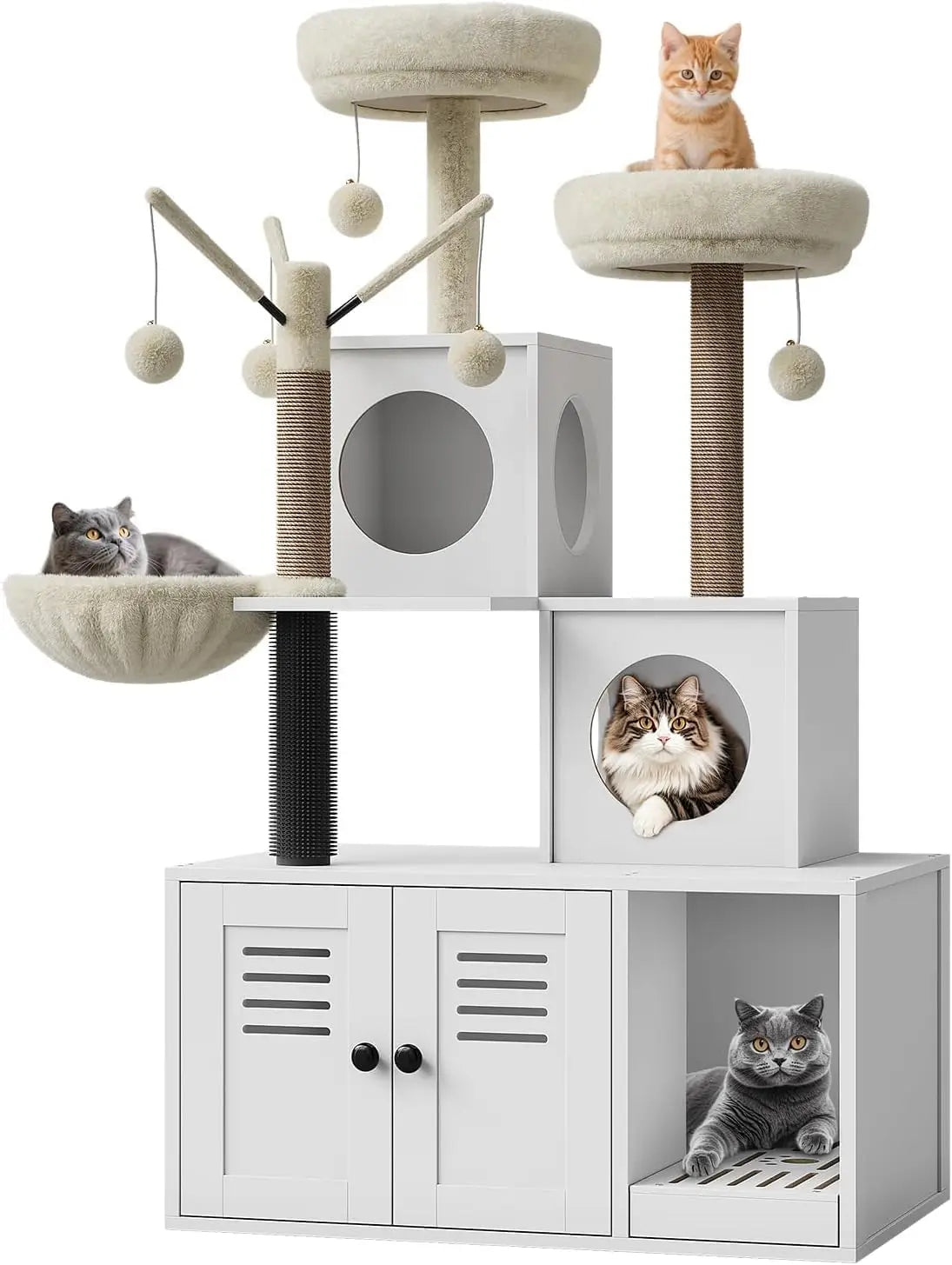 Garvee Large Cat Tree and Tower for Indoor Cats With Hidden Washroom Cabinet,Post,Perch&Brush Spacious Hammock Padded Perches and Condos Cat Toys