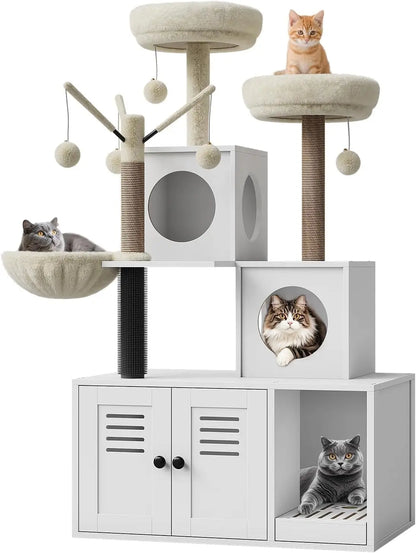 Garvee Large Cat Tree and Tower for Indoor Cats With Hidden Washroom Cabinet,Post,Perch&Brush Spacious Hammock Padded Perches and Condos Cat Toys