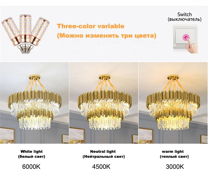 Gold K9 Crystal Tricolor Chandelier Luxury Modern LED Ceiling Light for Living Room Dining Room Bedroom Ceiling Lights