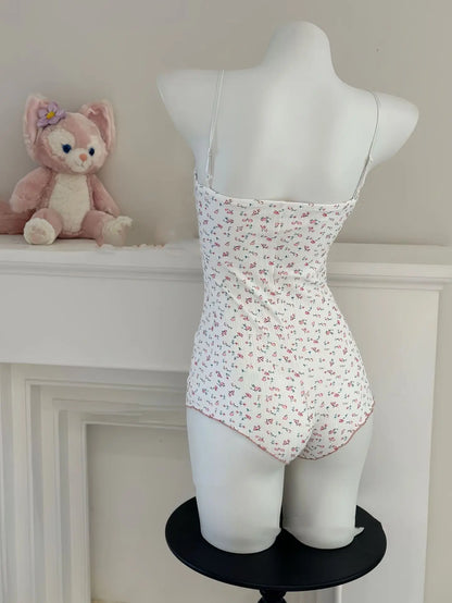Women Sexy  Floral Print Bodysuit Lace Trim Sleeveless Slim Fit Leotard Summer Jumpsuit Romper Sexy Underwear Nightwear Lingerie