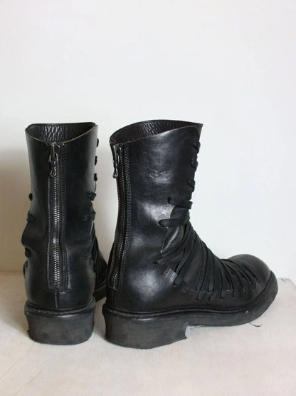 Side Cross Tied Black Walking Boots Fashion Men's Mid-calf Knight Boots Flat Round Toe Solid Back Zipper Western Chelsae Boots