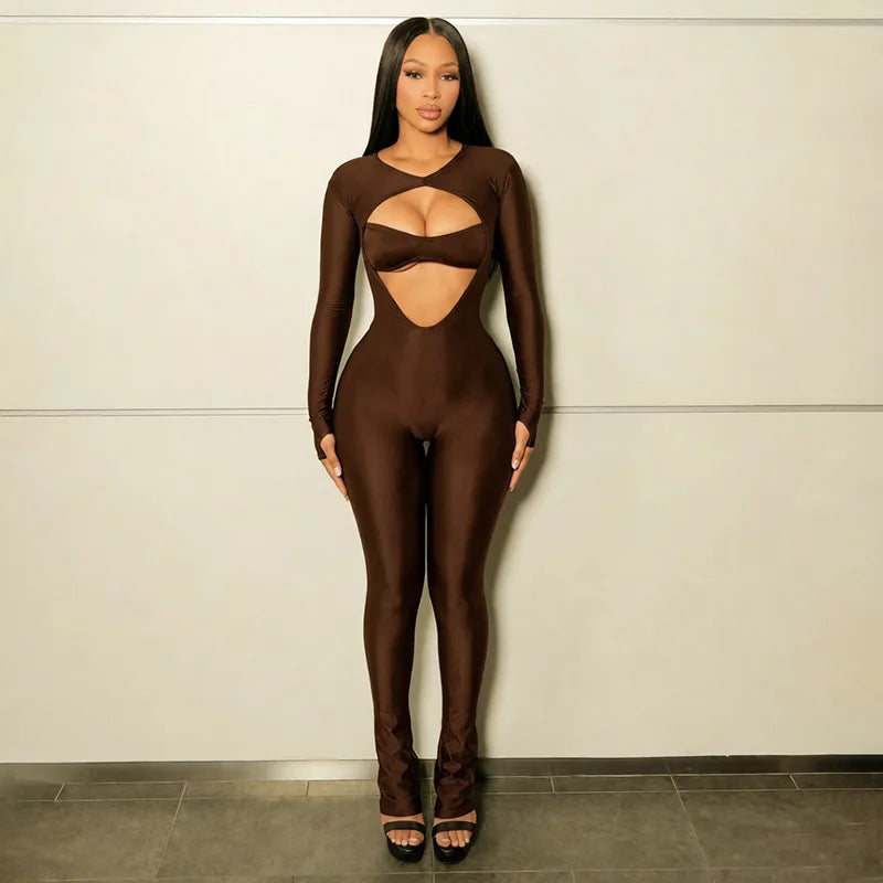 Joskaa Women Cutout Long Sleeve Jumpsuit with Tube Tops Sexy O-neck Back Zipper Thumb Hole Design Bodycon Rompers Party Clubwear