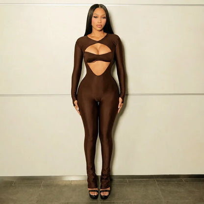 Joskaa Women Cutout Long Sleeve Jumpsuit with Tube Tops Sexy O-neck Back Zipper Thumb Hole Design Bodycon Rompers Party Clubwear