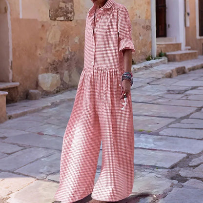 Plus Size 5XL VONDA Vintage Jumpsuits Women Elegant Plaid Long Overalls Fashion 3/4 Sleeve Casual Playsuits Streetwear Pants