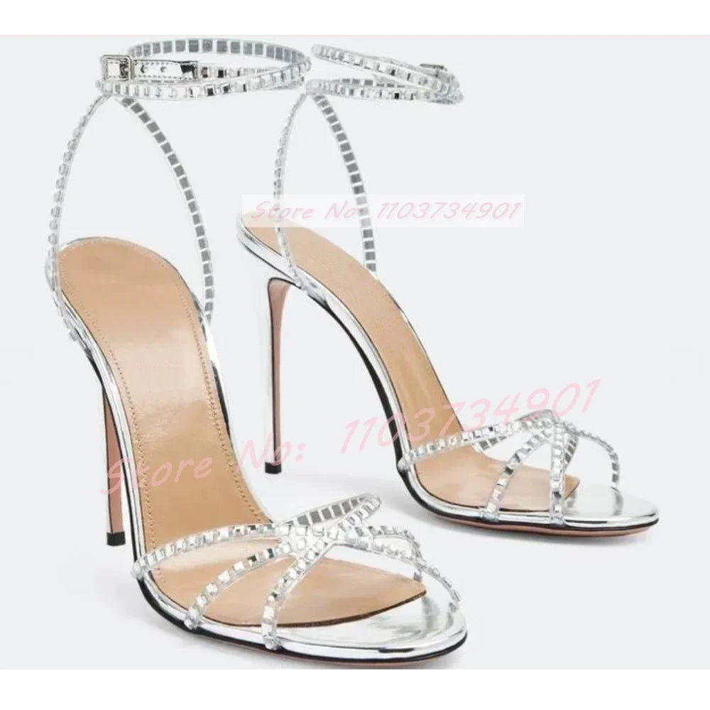 Shiny Leather Crystals Stiletto Sandals Women Ankle Strap Round Toe High Heels Shoes Ladies Luxury Elegant Sexy Party Sandals