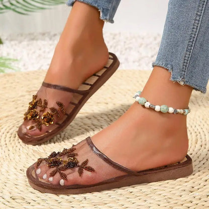 Mesh Breathable Embroider Sequin Flower Mules Shoes Summer Closed Toe Soft Bottom Sandals Female Chinese Style Bamboo Sandals