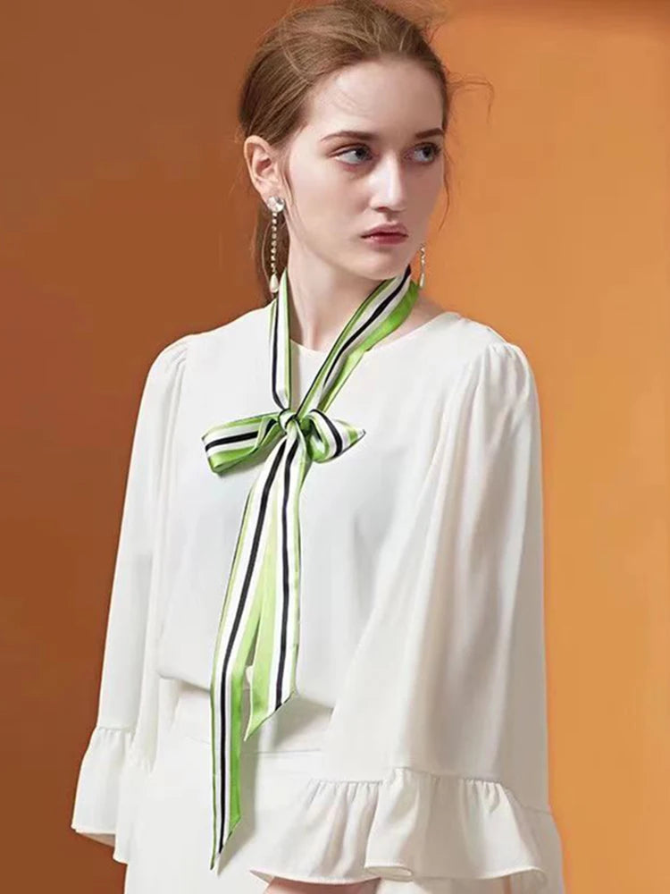 100% Natural Mulberry Silk Long Scarf Solid Color Neckerchief Hair Ties Bag Ribbon Headband Hair Ornament Female Strip Scarves