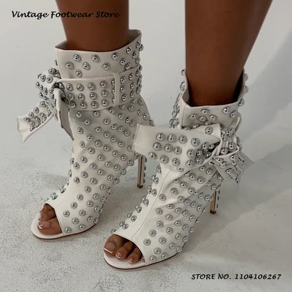 Studded Embellished Summer Boots Chic Round Open Toe Thin Heels Party Outfits Shoes Women's Fashion Casual Lace-up Ankle Boots