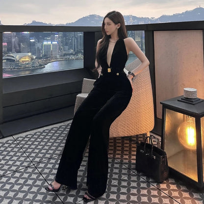 Vintage Luxury High-end Black Jumpsuits Metal Button Slim Sexy V-neck Hang Neck One-piece Pants Women Party Dresses Backless New