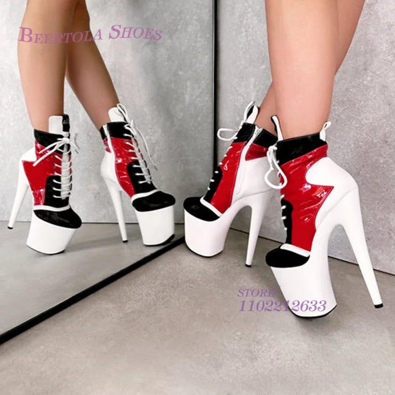 Black Red Sports Leather Platform Heels Women Pole Dance 20Cm Sexy Lace Zipper Round Cover Boots Short Ankle White Graffiti Shoe