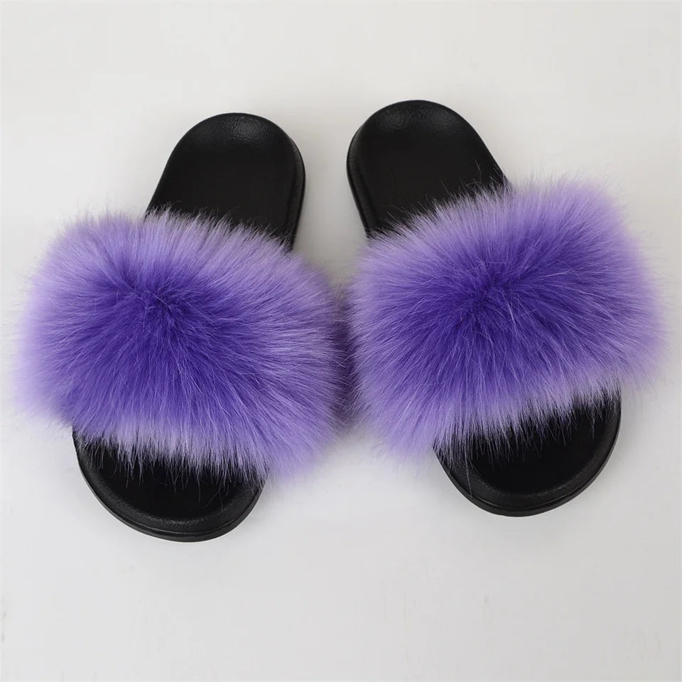 Women's Summer Faux Fur Fox Fur Slippers Fashion Luxury Indoor and Outdoor Non-Slip Solid Color Flat Bottom Furry Sandals