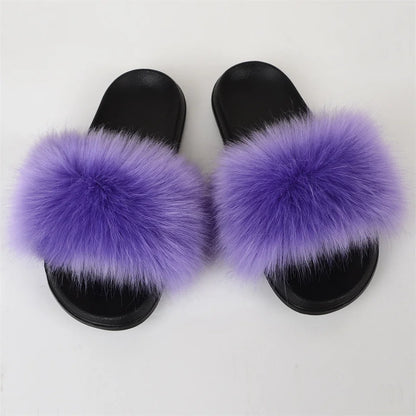 Women's Summer Faux Fur Fox Fur Slippers Fashion Luxury Indoor and Outdoor Non-Slip Solid Color Flat Bottom Furry Sandals