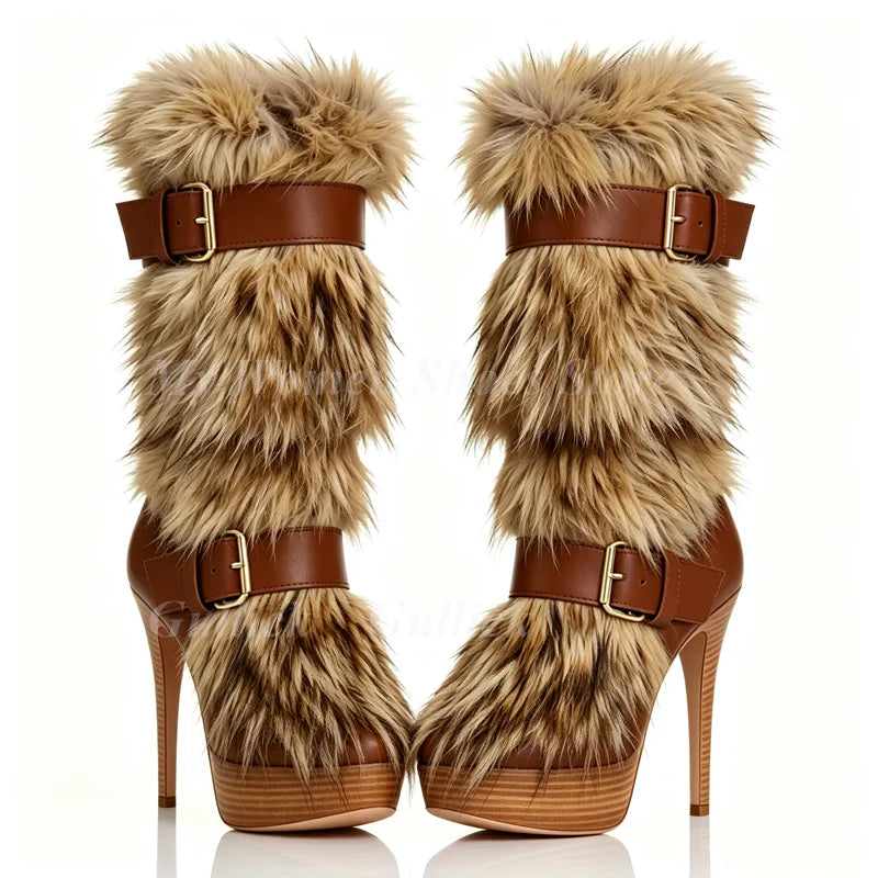 Fur Knee High Platform Boots Thin High Heel Buckle Strap Zipper New Arrivals Hot Sale 2026 Winter Women Dress Shoes Handmade