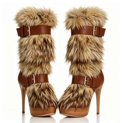Fur Knee High Platform Boots Thin High Heel Buckle Strap Zipper New Arrivals Hot Sale 2026 Winter Women Dress Shoes Handmade