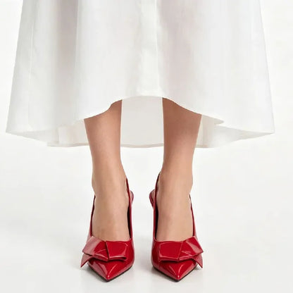 Red Patent Leather Slingback Heels Women Sweet Bow Decoration Pointed-toe High-heeled Sandals Luxury Party Brand Designer Shoes