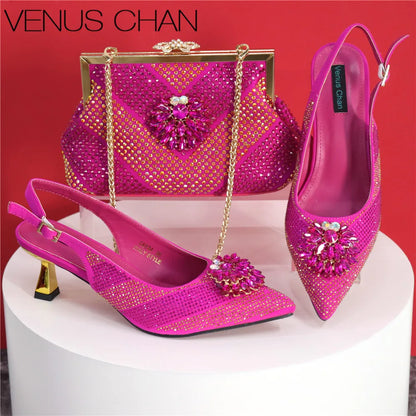Newest Arrivals Special Design Silver Color African Women Shoes and Bag Set Pointed Toe Pumps for Wedding Party