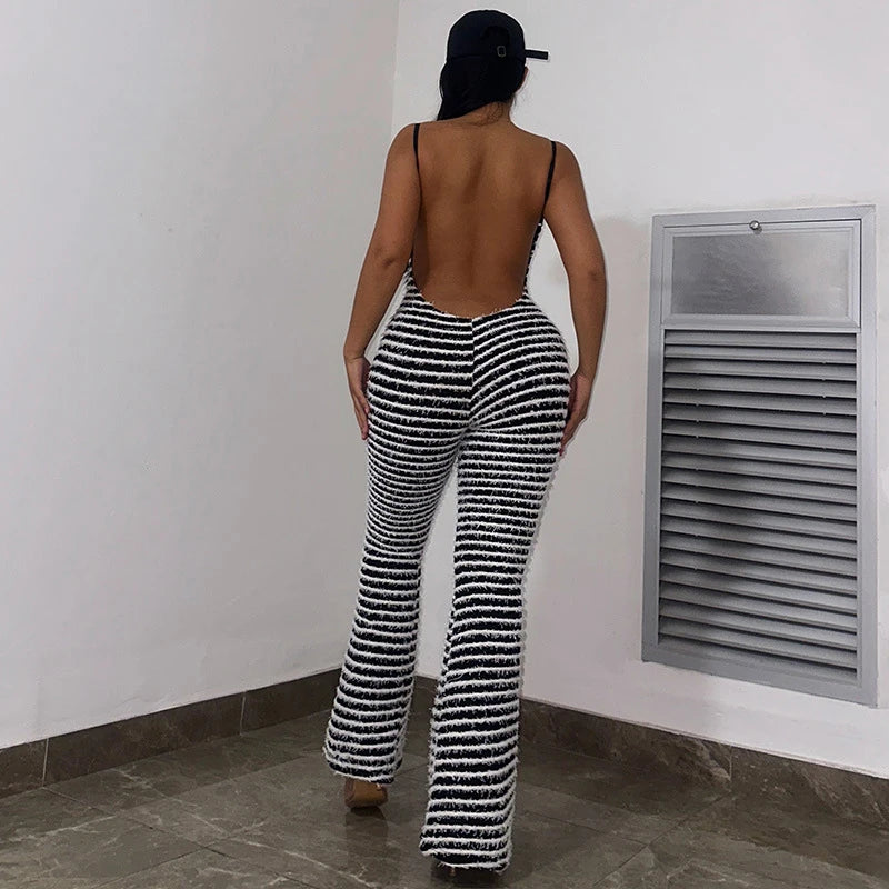 OMSJ New Style Backless Jumpsuits For Women Sexy Camisoles High Waist Hip Lifting Striped One-piece Rompers Flare Pants Clubwear