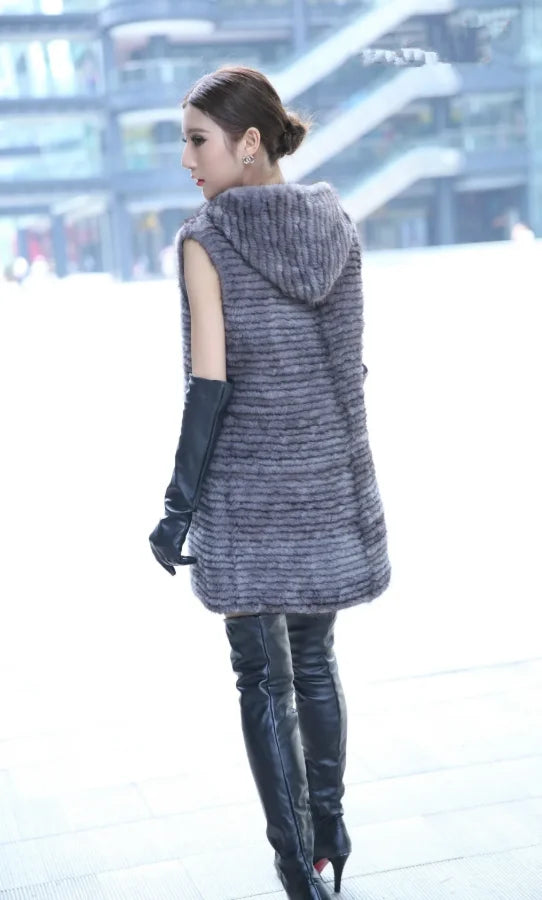 winter ladies fur vest genuine mink fur knitted warm outerwear with hood and belt  80cm long gray black autumn waistcoat