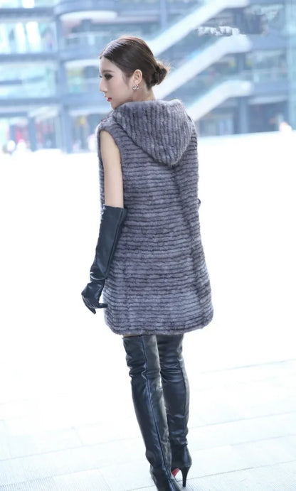 winter ladies fur vest genuine mink fur knitted warm outerwear with hood and belt  80cm long gray black autumn waistcoat