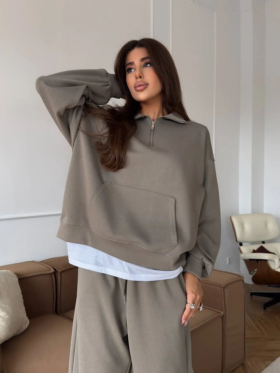 Women 2 Piece Tracksuit Solid Pocket Half Zip Sweatshirt And Jogger Pants Set Autumn Winter Pullover Casual Sports Outfits