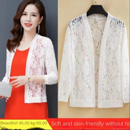Summer Tie Up Women's Cardigan Breathable Beach Sun Protection Clothing Floral Lace Mesh Shawl Women