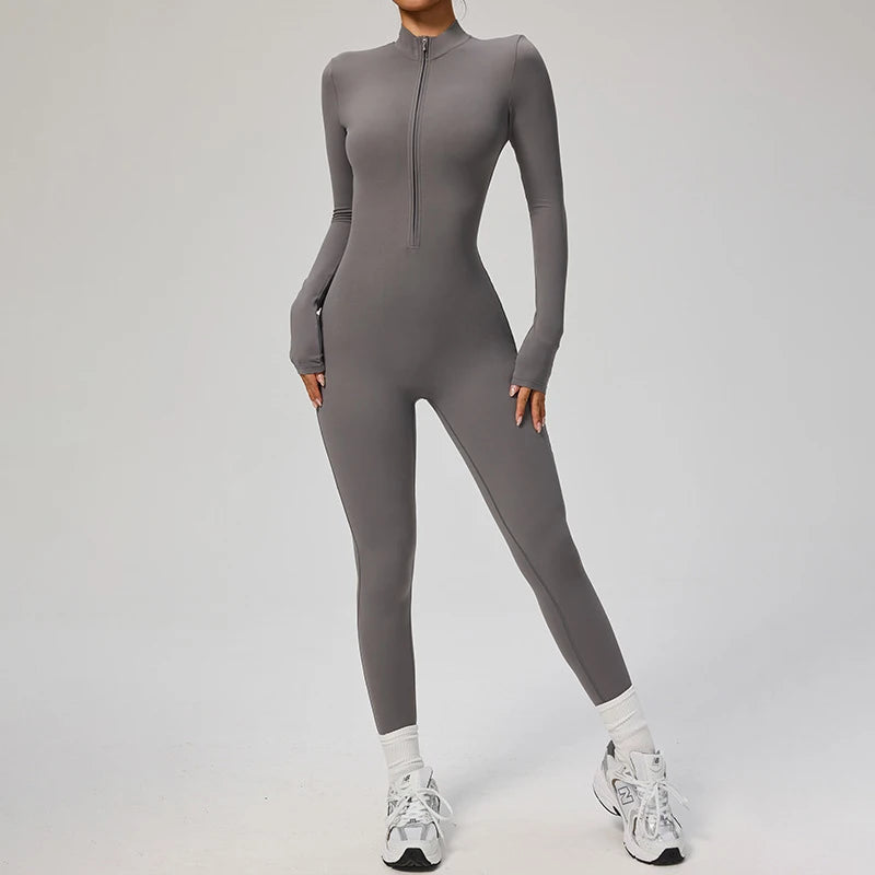 TRY TO BN Women's Jumpsuit Long Sleeve Zipper Shapewear Bodysuit Yoga Fitness One Piece Tights Gym Clothing Mono Deportivo Mujer